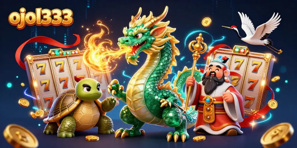 Experience the mystical world of ojol333 with a jade dragon, sage turtle, and lucky cranes in an animated casino scene.