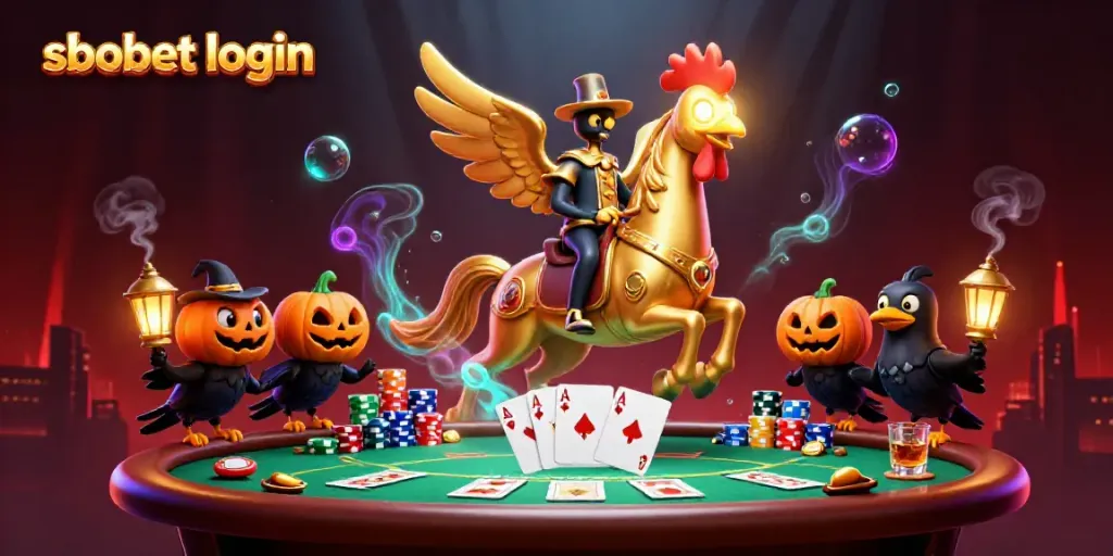 Engage with SBOBET login in a vibrant casino scene featuring a golden rooster and poker elements.