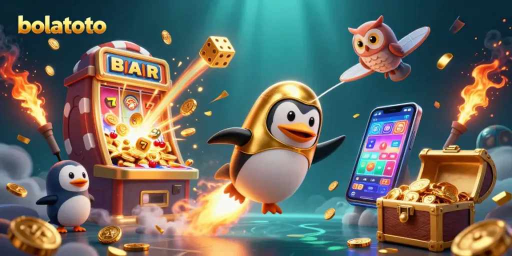 Experience bolatoto action with a vibrant, golden penguin heading toward a jackpot in a cosmic casino.