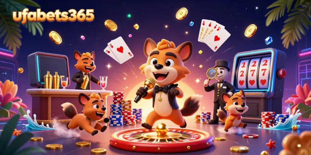 Experience the vibrant energy of ufabets365 with a colorful casino scene featuring hyenas as characters in a lively setting.