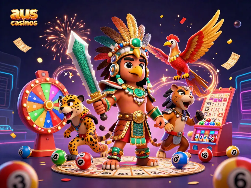 Experience the thrill of aus online casinos with Aztec warriors and engaging game elements surrounding them.