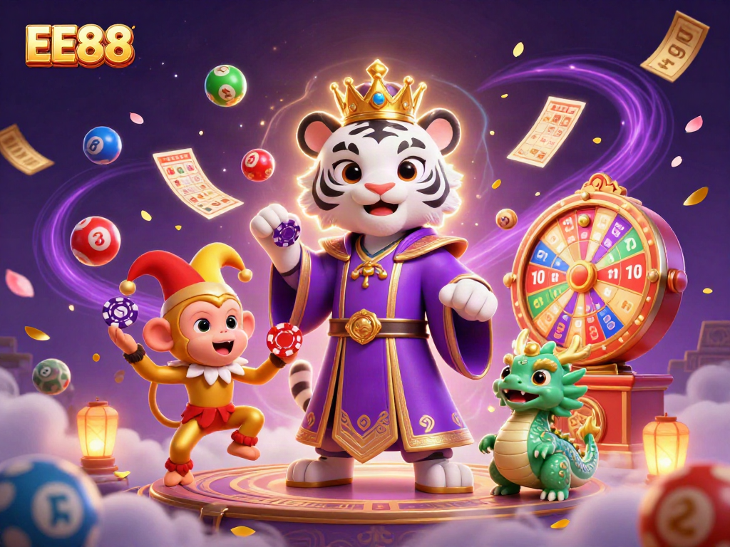 EE88 engages players with a playful scene of a jester monkey and a majestic tiger in a dynamic casino setting.