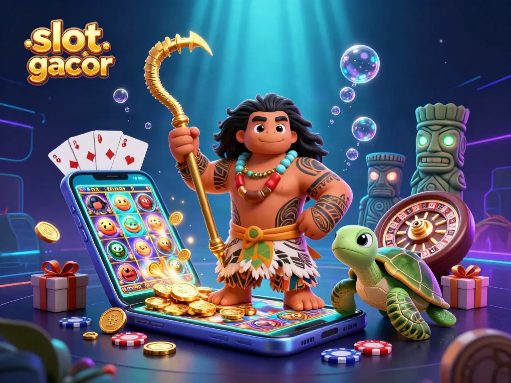 Spin the reels and win big with slot online gacor in a vibrant 3D scene featuring tropical characters.