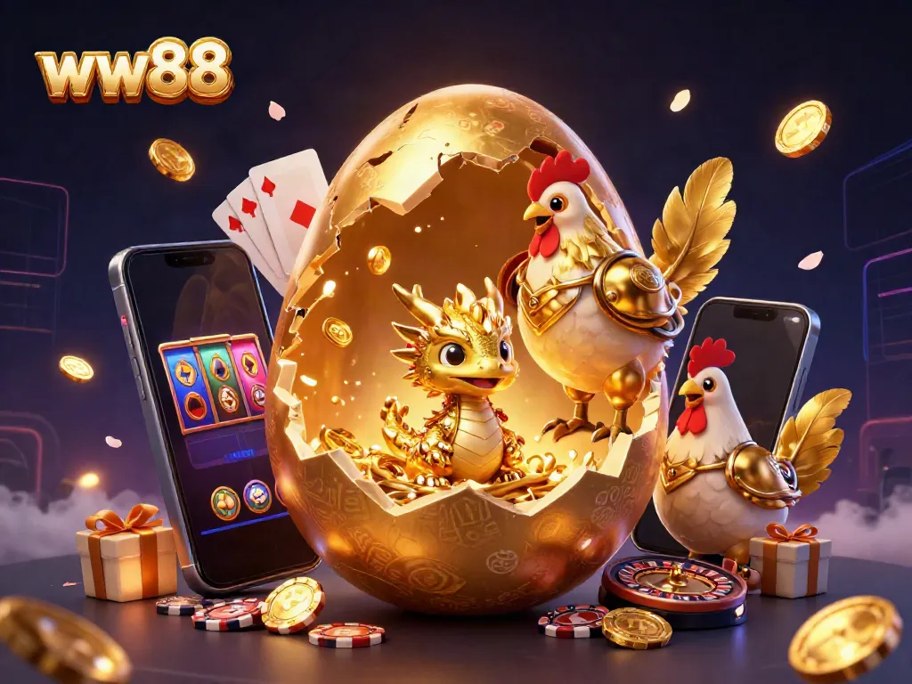 Experience the thrill of ww88 with a golden dragon guarding a treasure of poker chips and vibrant gaming elements.