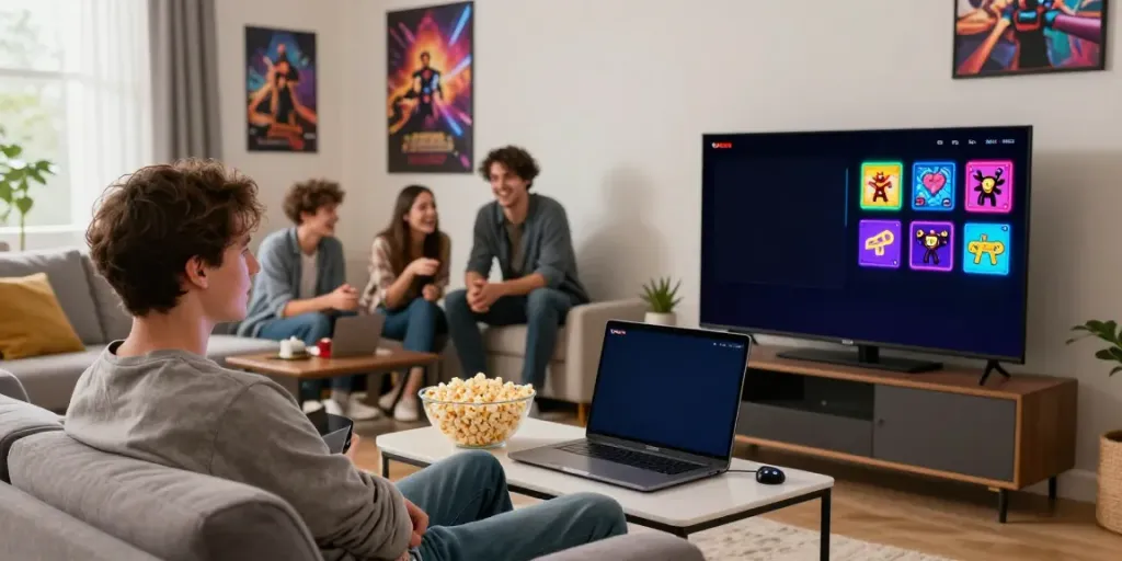 Engaging scene of Yono Arcade gaming on smartphone with friends in a cozy living room.