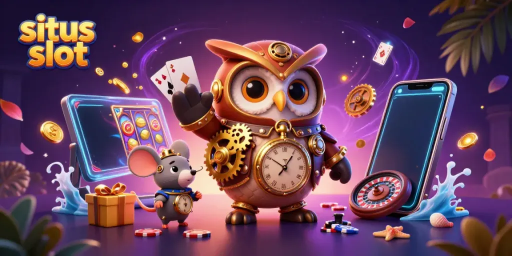 Ilustrasi kasino 3D menampilkan situs slot dengan karakter burung hantu penjelajah waktu dan detail permainan.