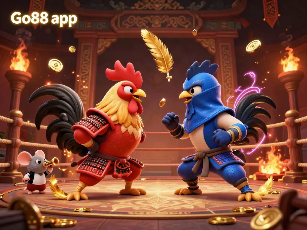 Experience the Go88 app with this vibrant scene of a samurai and ninja rooster in an epic showdown.