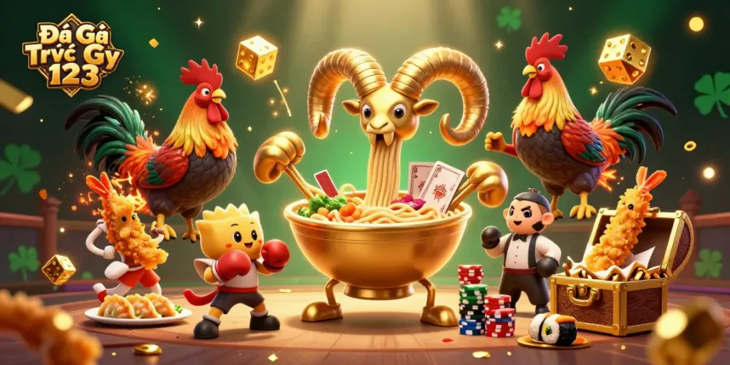 Engage in thrilling Đá Gà Trực Tiếp 123 action featuring a giant golden ramen bowl dealer and fighting roosters.