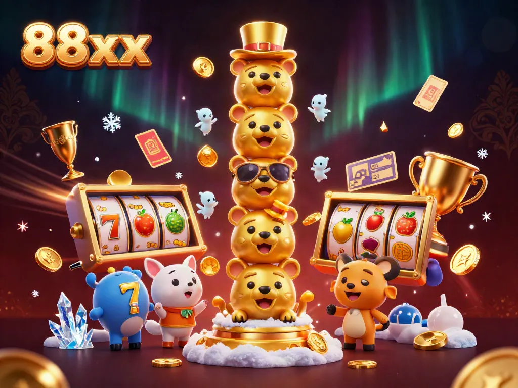 Experience the excitement of 88xx with a vibrant casino-themed 3D illustration featuring a totem pole, slot game icons and dynamic sports elements.