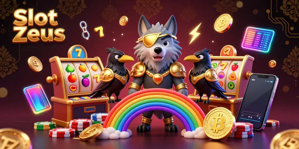 Slot Zeus menghadirkan ilustrasi garis besar tampilan kasino yang berwarna-warni dengan simbol jackpot dan karakter Norse.