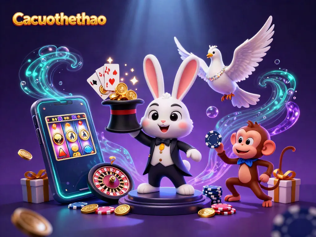 Experience thrilling wins with Cacuocthethao showcasing a magical scene filled with coins and gaming elements.