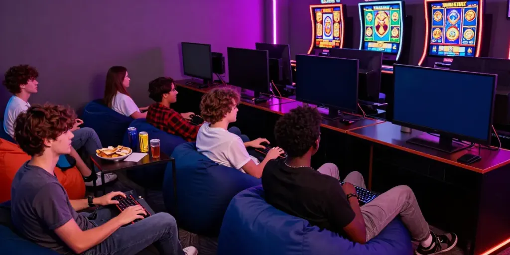 Engaged players enjoying slot gacor gaming experience in a lively lounge.