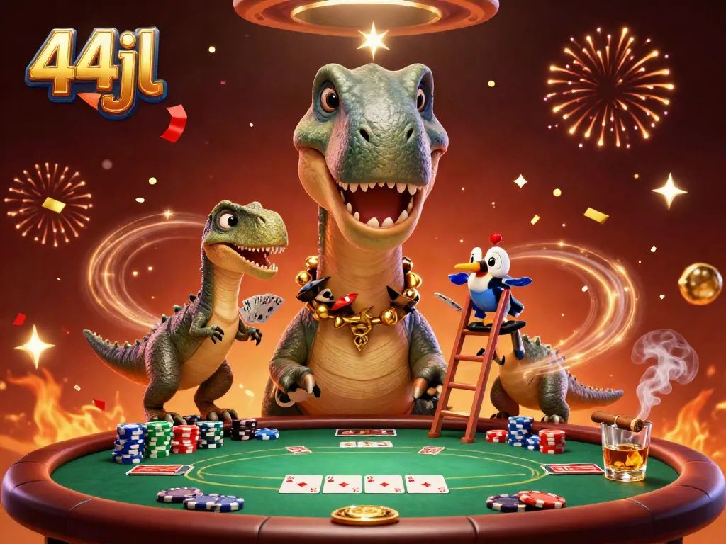 Experience the excitement of 44jl as a dinosaur and clever raptor engage in card dealing at a lively poker table.