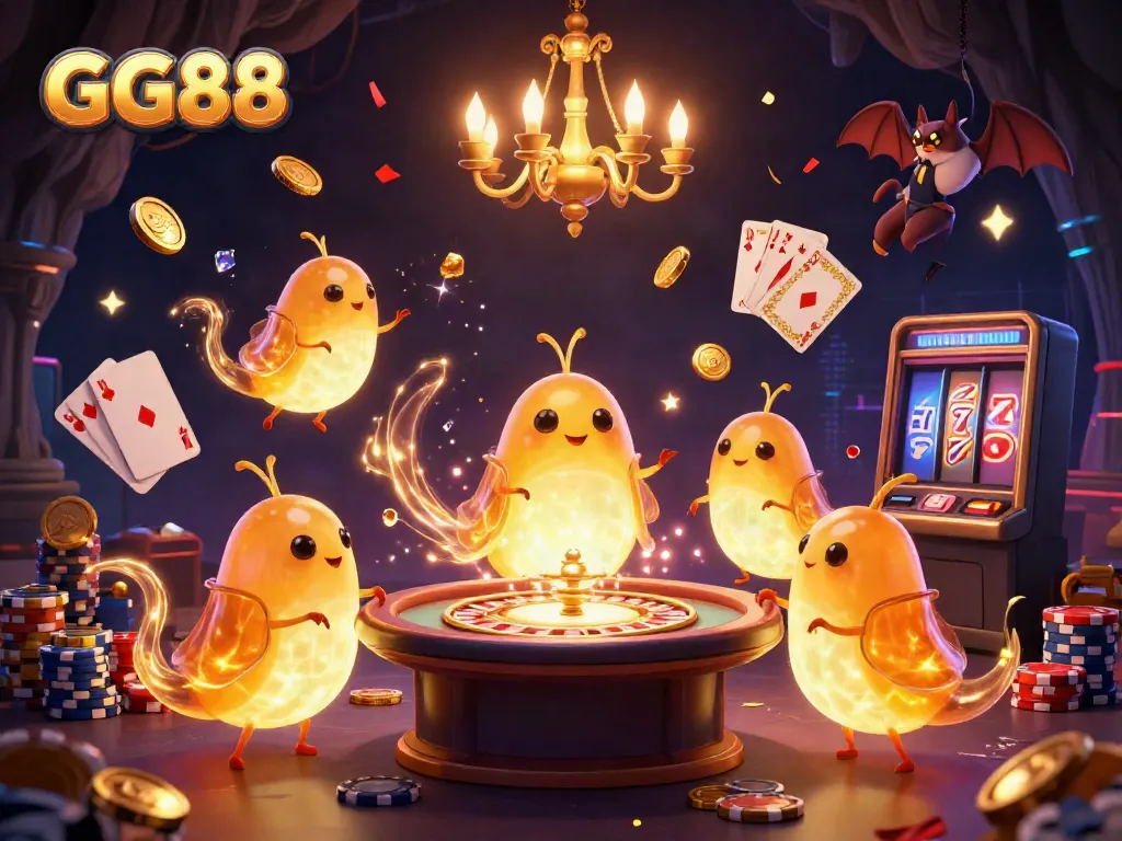 Experience GG88's vibrant casino atmosphere with glowworms and a bat dealer amid sparkling treasures.
