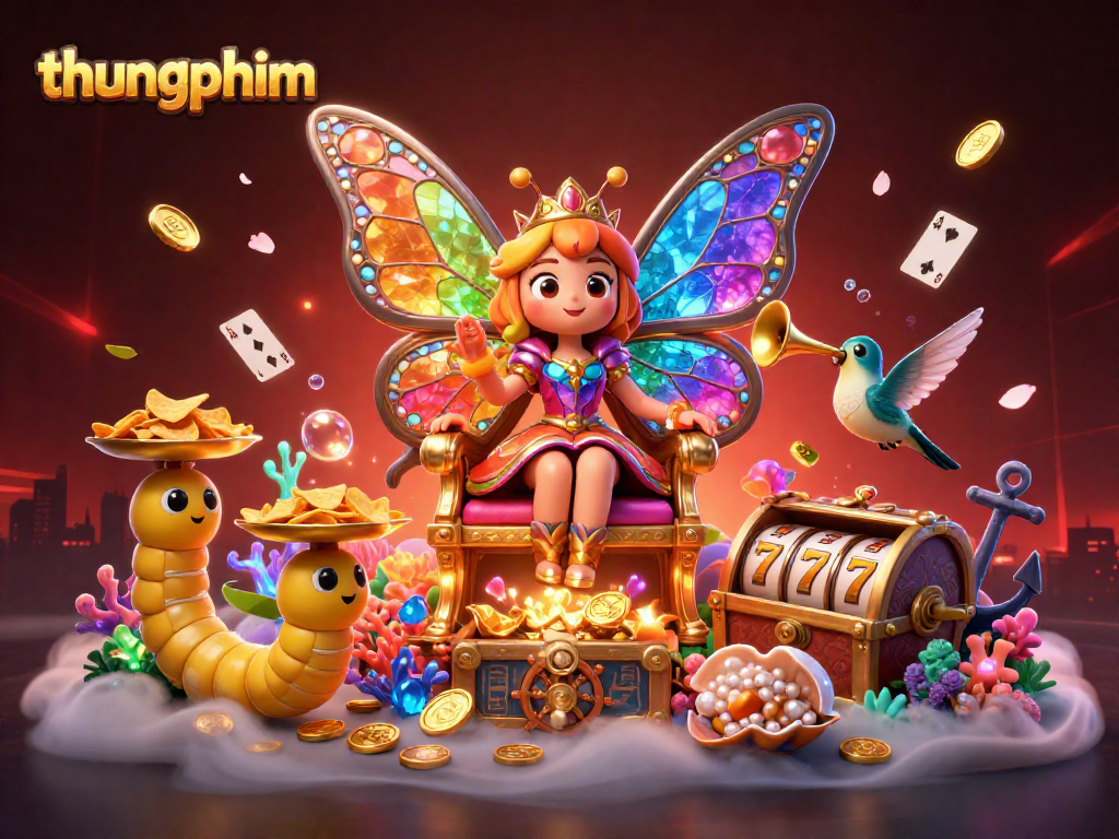 Experience the excitement of thungphim with vibrant casino elements and a captivating butterfly queen illustration.