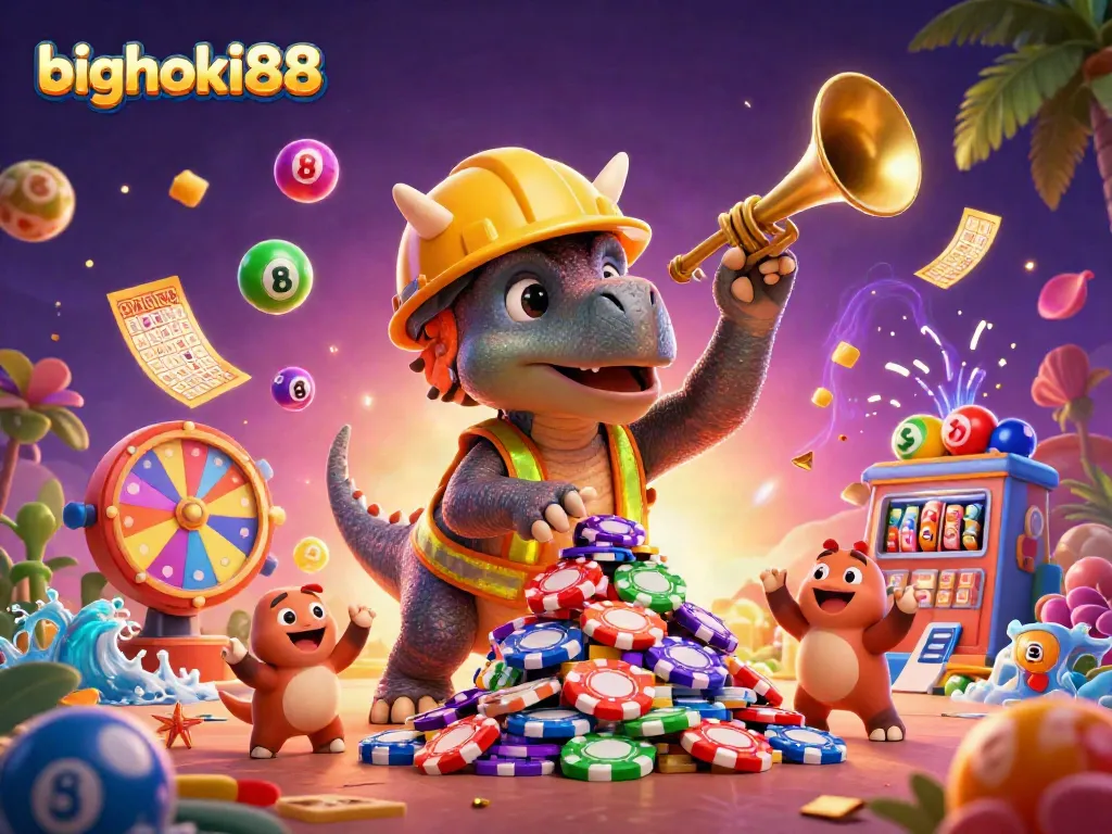BIGHOKI88 menampilkan triceratops membangun tumpukan chip poker sambil dikelilingi bola undian berwarna-warni.