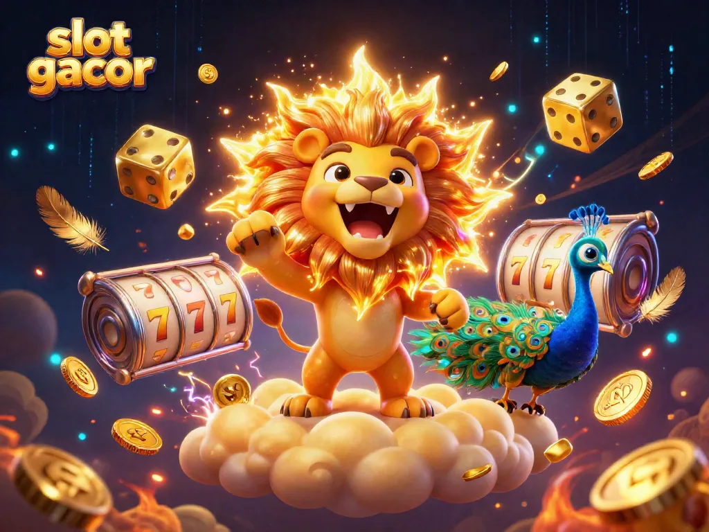 Slot gacor menampilkan singa matahari 3D dengan uang koin terbang, simbol Lucky 7, dan efek atmosfer tembak