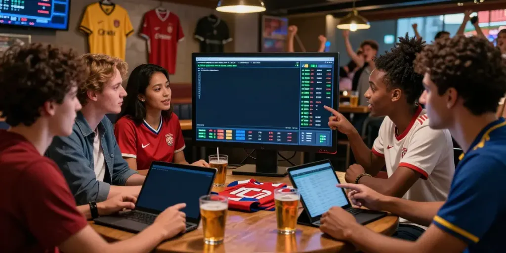 Engaged sports fans analyzing WWBOLA betting odds and statistics in a lively setting.