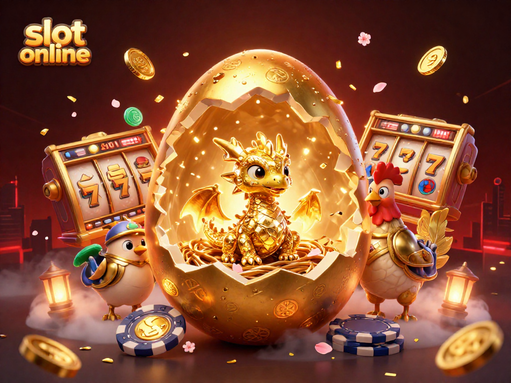 Menangkan slot online dengan naga emas mengintip dari telur dikelilingi simbol keberuntungan di kasino.