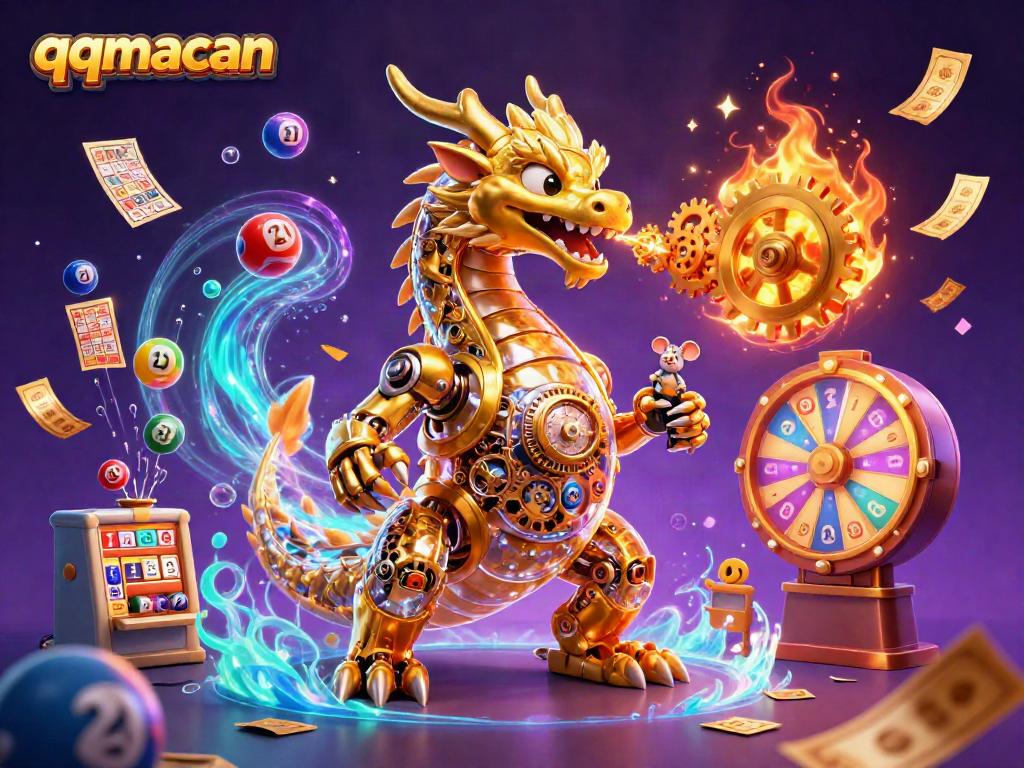 Memenangkan jackpot di qqmacan dengan gerakan warna-warni bola lotere dan elemen kasino.