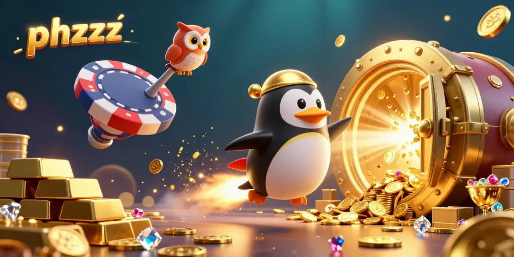 Experience thrilling casino action with phzzz as a golden penguin soars towards a vibrant poker chip space station.
