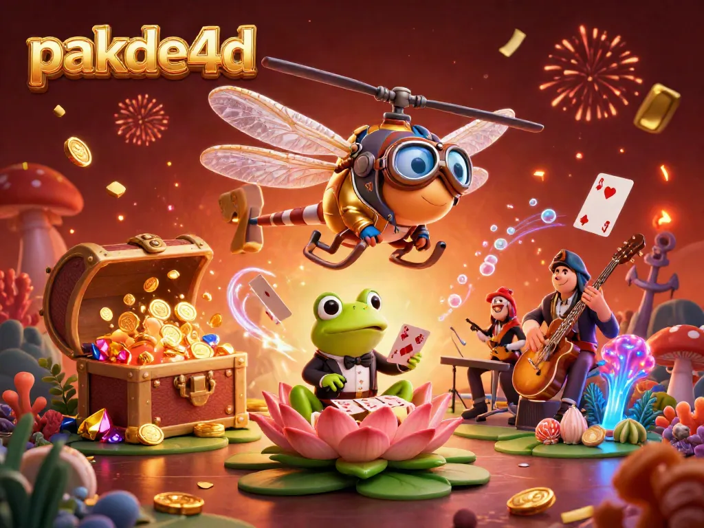 Engage in thrilling games with PAKDE4D, featuring dynamic illustrations of a helicopter pilot, frog croupier, and lively casino scene.