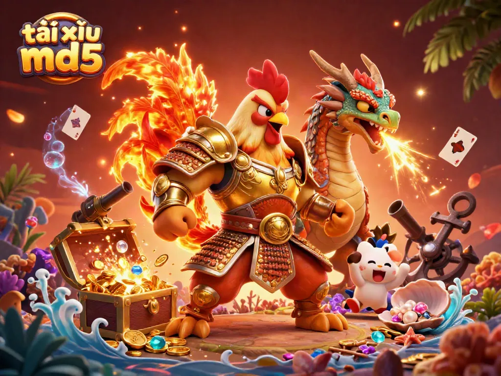 Engage with the exciting tài xỉu md5 game featuring a dynamic rooster fighter, dragon hatchling, and good fortune elements.