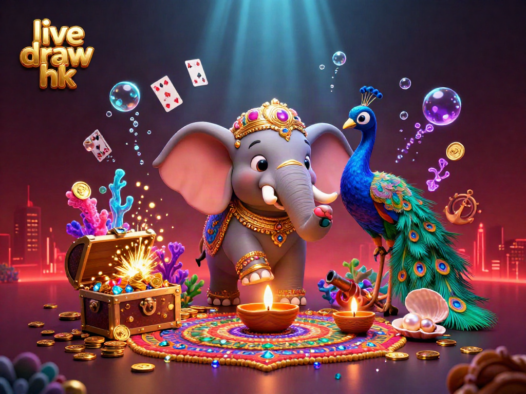 Engage in thrilling live draw hk action with an ornate elephant and vibrant peacock in a colorful casino setting.