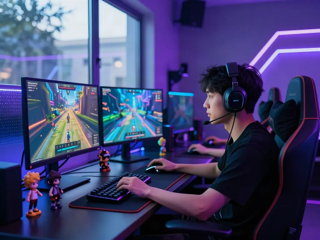 Intense player engaged in luxury111 online gaming setup with vibrant monitors.