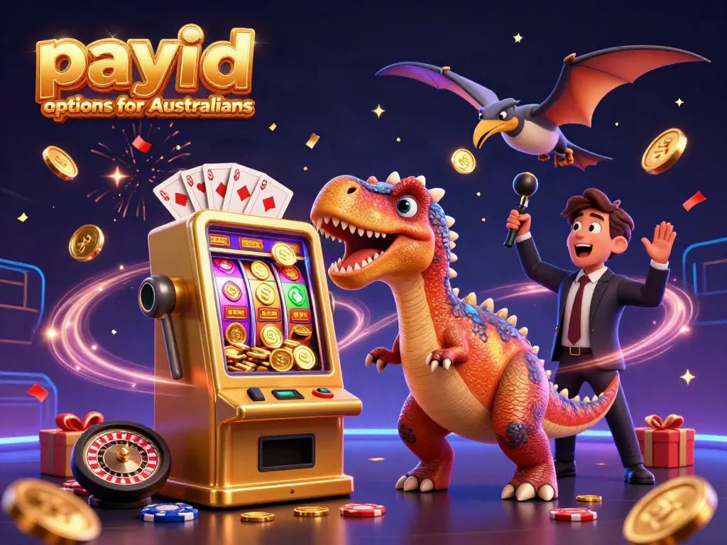 Exciting action scene showcasing payid casino options for Australians, featuring animated characters at a vibrant casino setting.