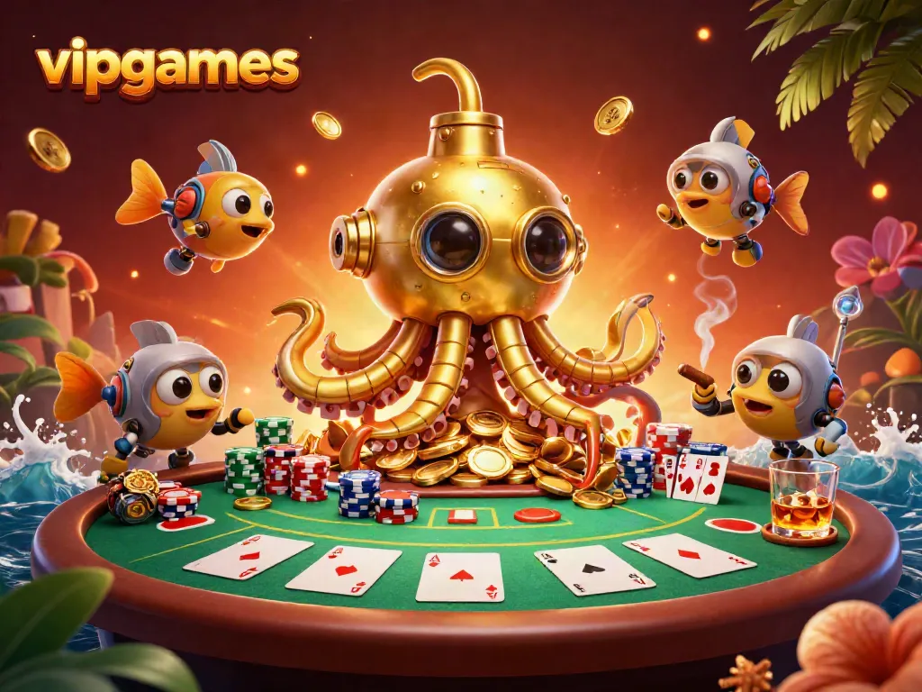 Engage with vipgames at a high-stakes poker table surrounded by golden treasures and vibrant gameplay.