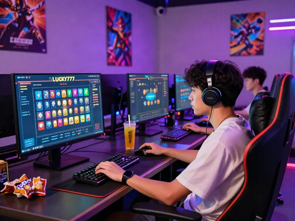 Engaged gamer playing Lucky777 in a modern gaming lounge with vibrant lighting and high-tech setup.