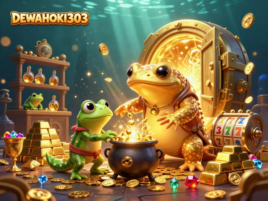 DEWAHOKI303 menampilkan ilustrasi kasino online yang memikat dengan karakter alkimia dan elemen permainan