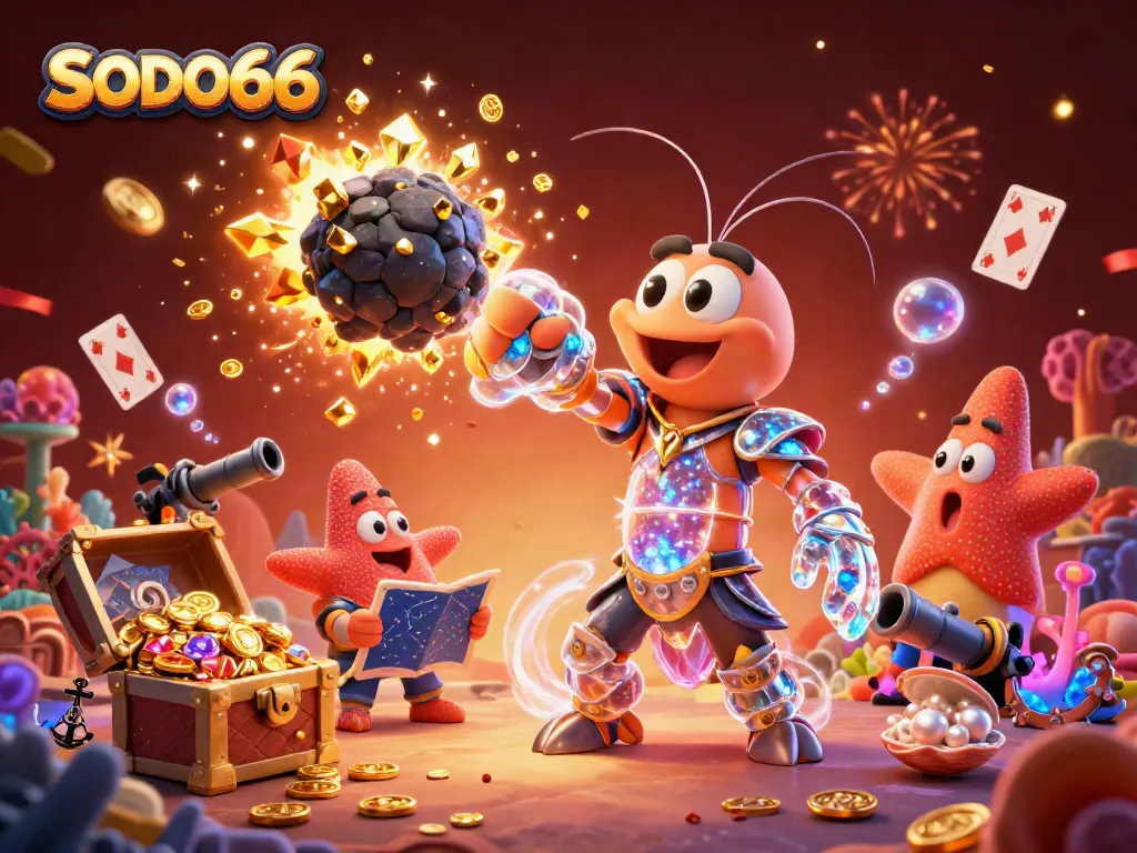 SODO66 players dive into excitement, as a 3D mantis shrimp battles an asteroid for golden gems.