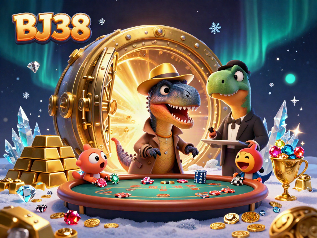 BJ38 velociraptor card counter disguised at blackjack table with treasures and gems in a lively casino scene