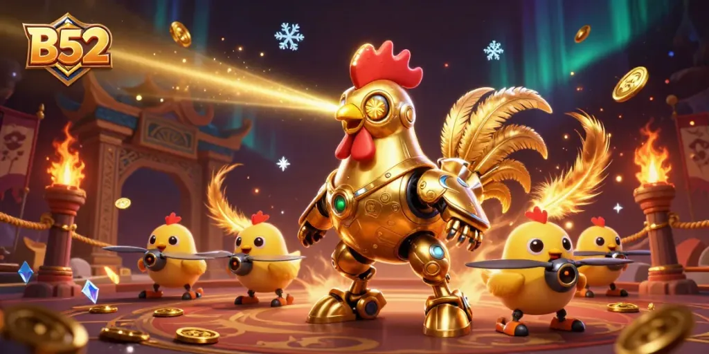 Engage in thrilling B52 casino action with golden rooster robots and vibrant game elements.