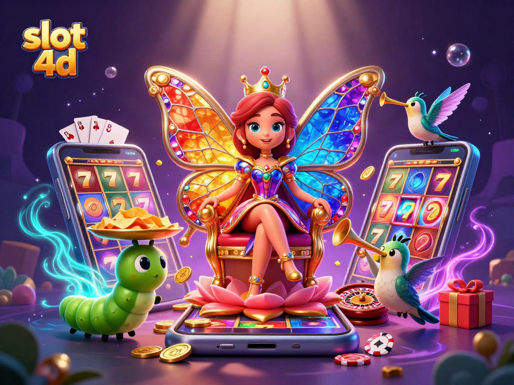 Permainan slot 4D yang menarik dengan ratu kupu-kupu, uang chip emas, dan efek bercahaya.