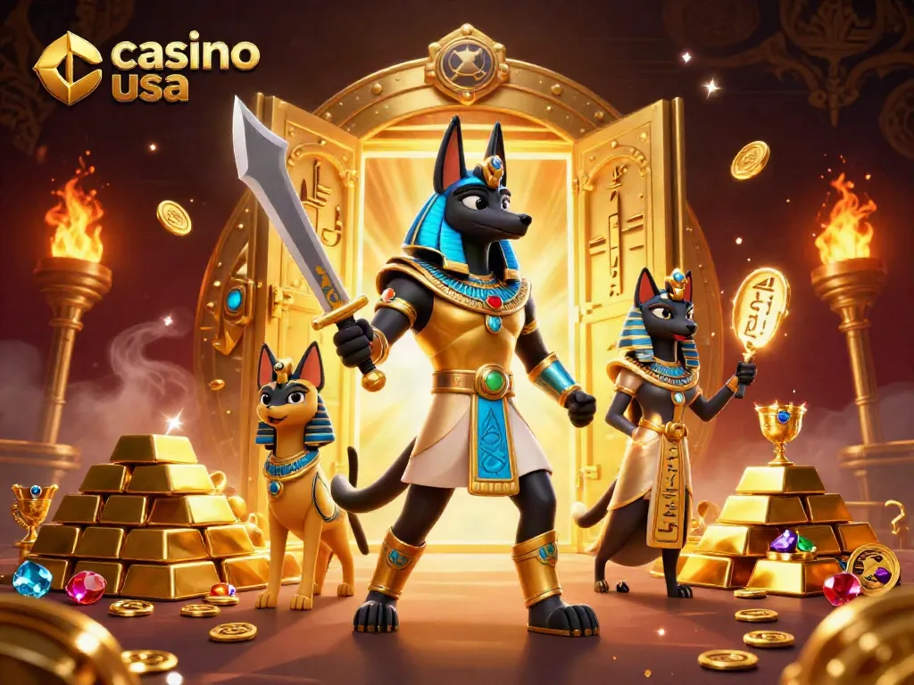 Experience the excitement of casino usa with Anubis and Bastet amidst treasure and glowing hieroglyphs.