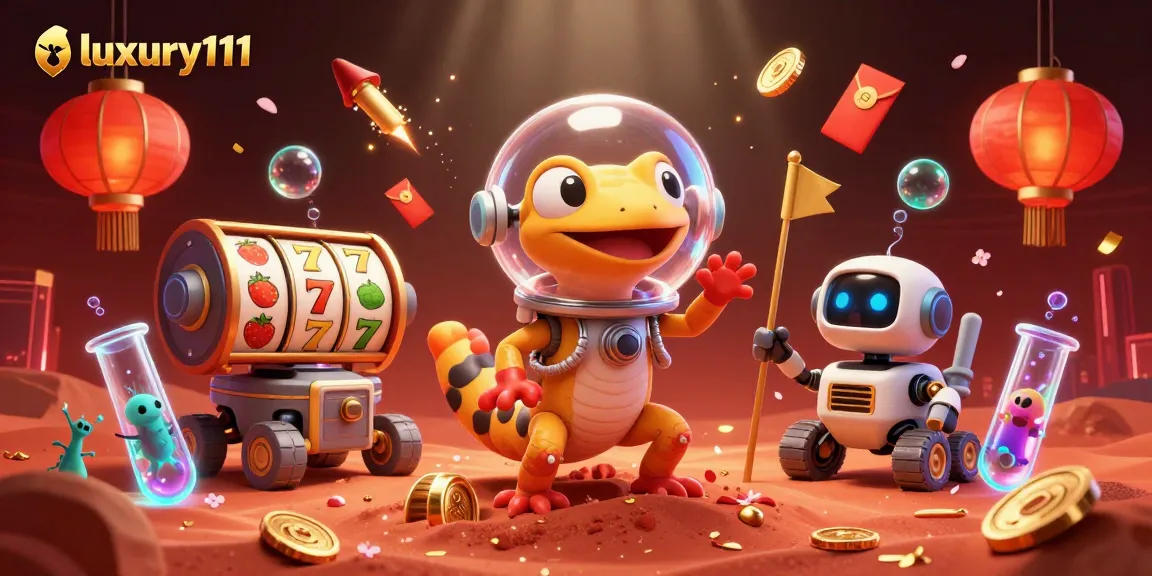 Experience luxury111 in this vibrant 3D casino scene with animated Martians and golden slots.