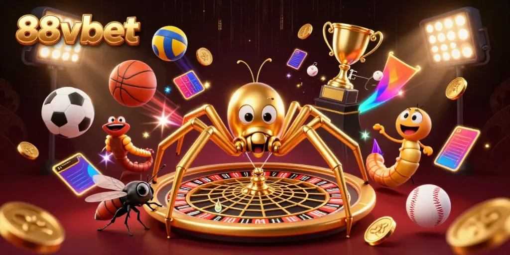 Placing bets at 88vbet while a golden spider spins a roulette web in a dynamic casino scene.