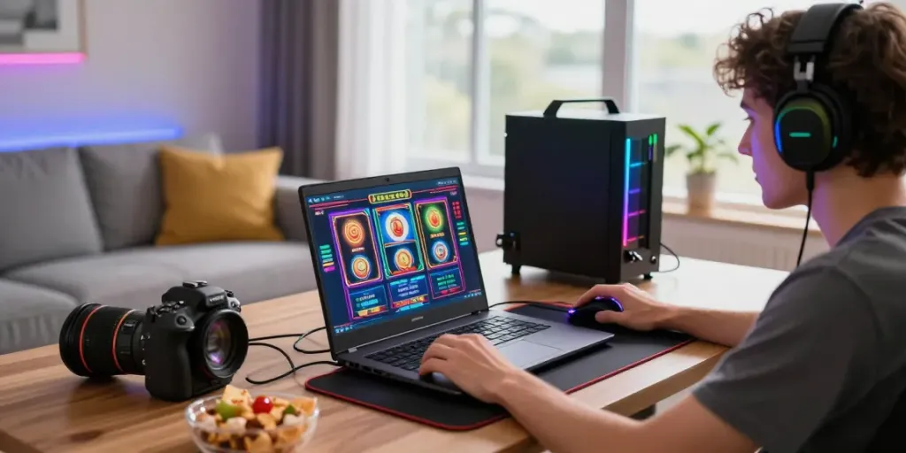 Player enjoying yumetoto slot games on a laptop in a vibrant gaming setup.