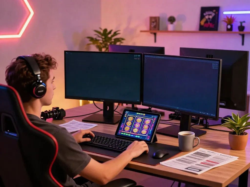 Engaging online gaming scene showcasing akunjp with vibrant slot games and modern setup.