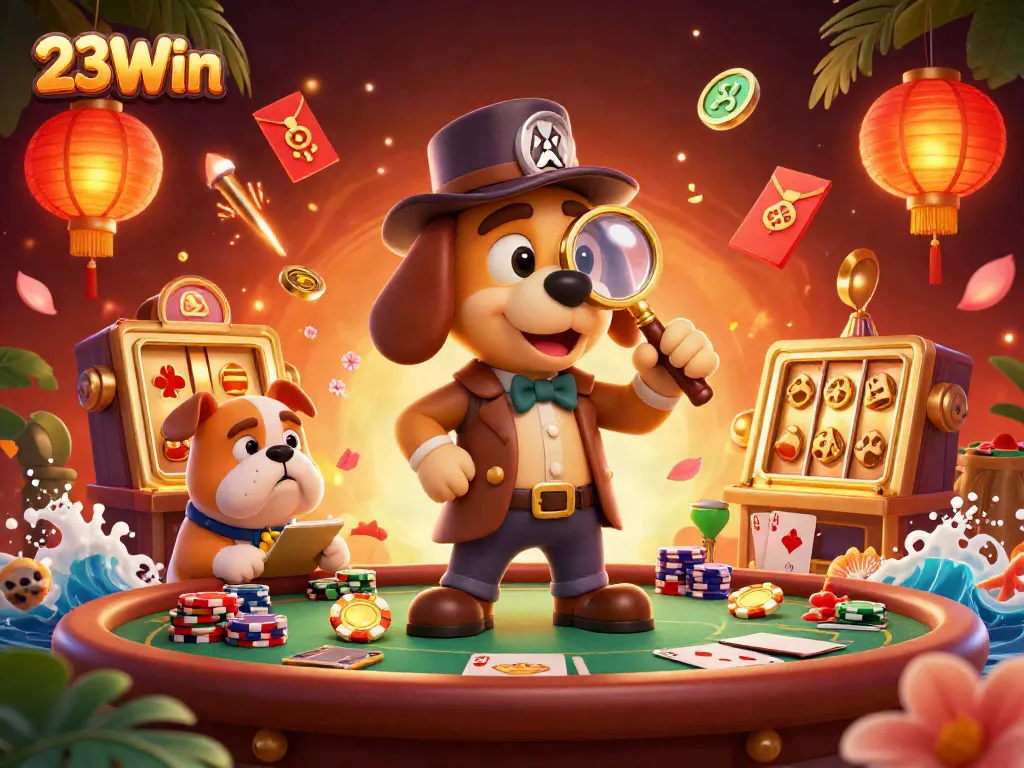 Place bets at 23Win's vibrant casino scene with poker chips and lively game elements.