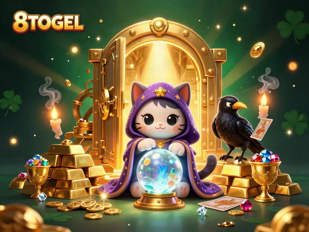 Engage in thrilling games at 8TOGEL with a vibrant scene featuring mystical characters and a treasure vault.