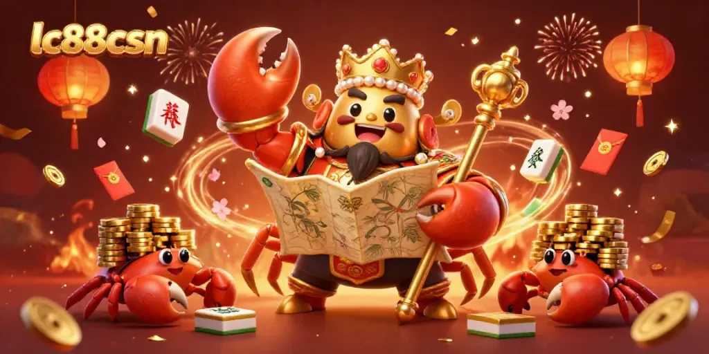 Experience excitement with lc88csn, featuring a lavish golden crab emperor amidst floating game symbols and festive elements.