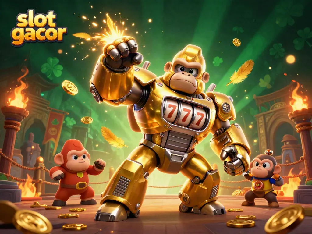 Memainkan slot gacor dengan karakter Mecha Gorila dalam suasana kasino yang mendebarkan.