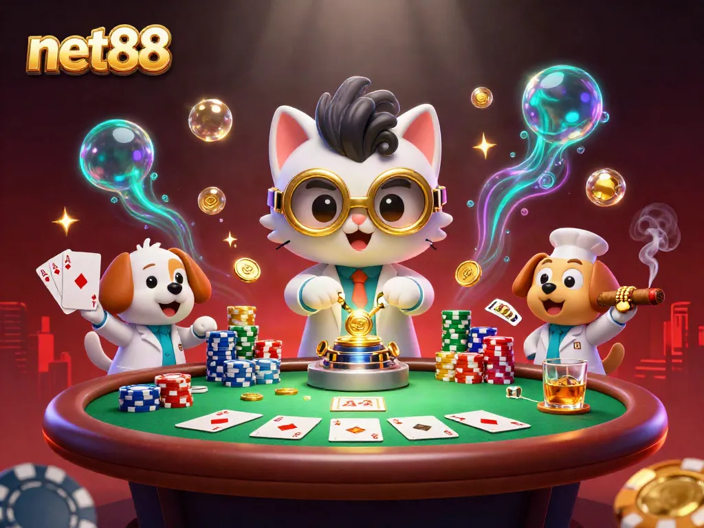 Experience the excitement of net88 with a mad scientist cat and dog in a vibrant casino scene.