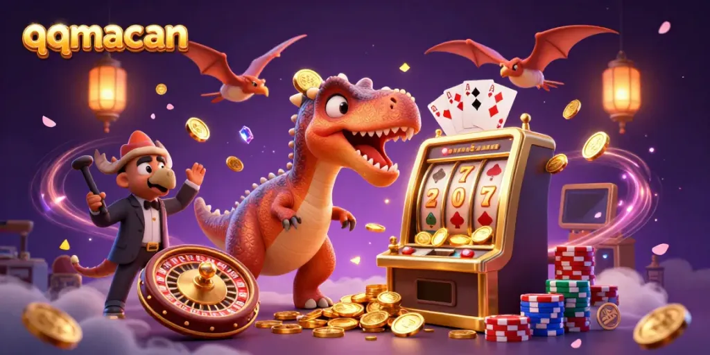 Experience the excitement of qqmacan as a pachycephalosaurus triggers a jackpot amidst cascading coins.