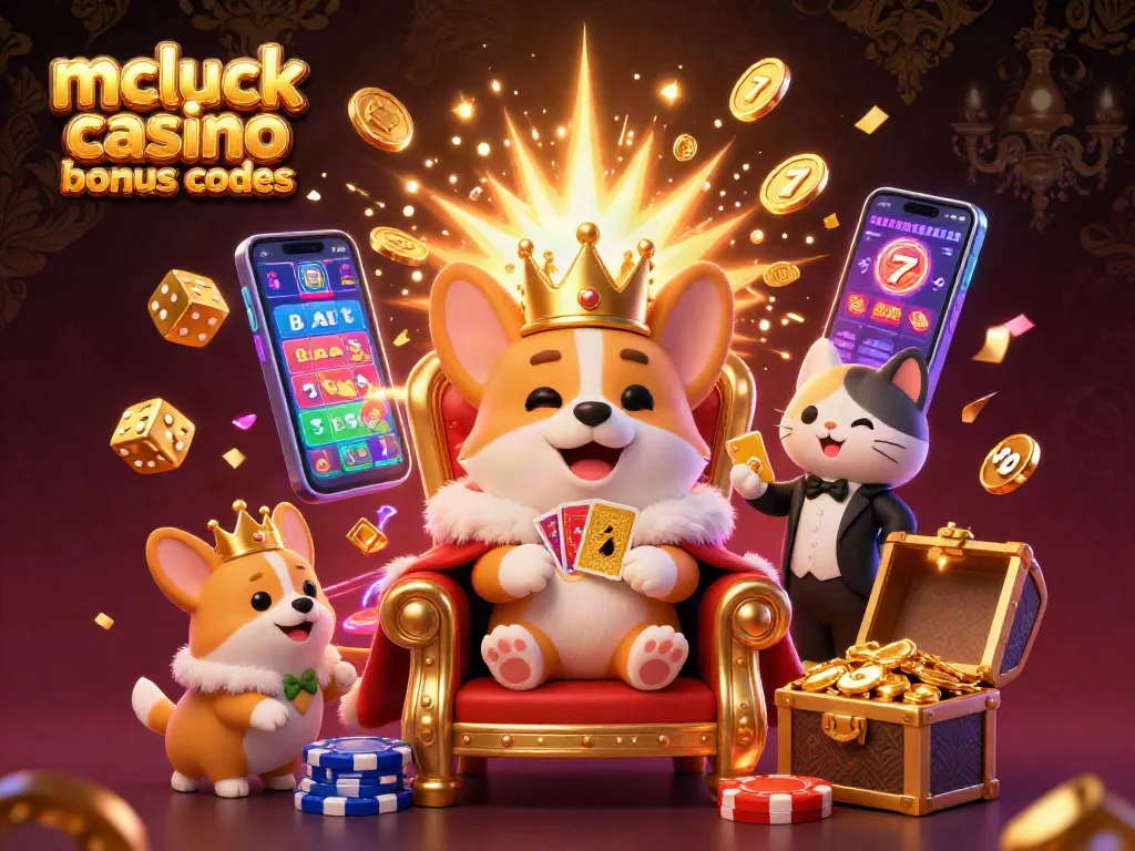 Win big with mcluck casino bonus codes showcasing a colorful, energetic 3D illustration of exciting casino elements.