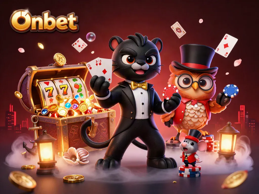 Experience thrilling casino excitement with Onbet, as stylish characters play cards amidst colorful game elements.